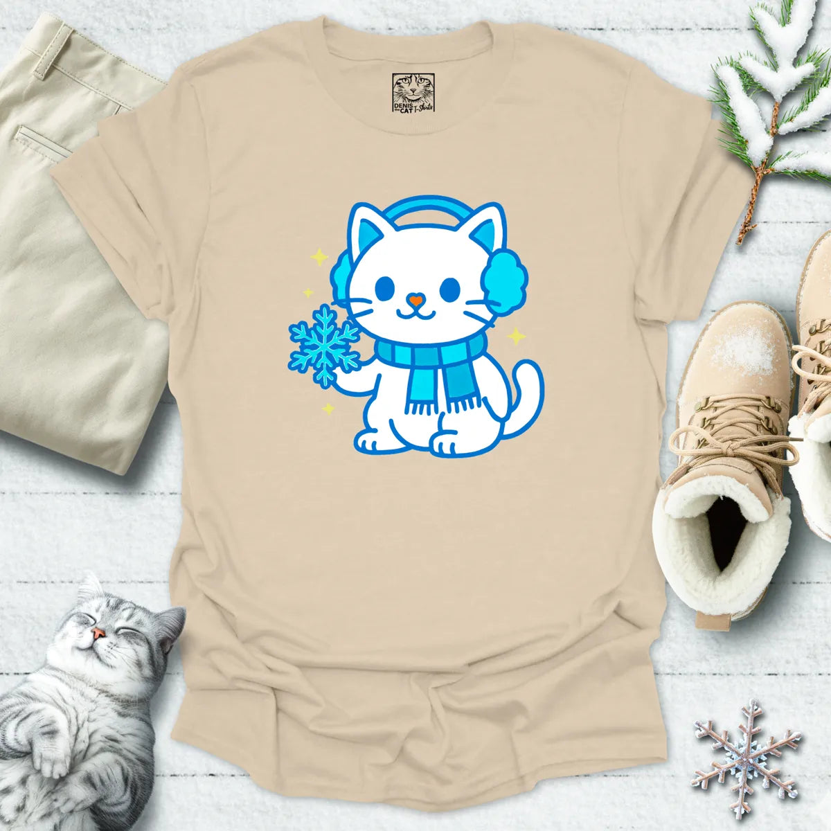 Snowflake Snuggles Cat T-Shirt