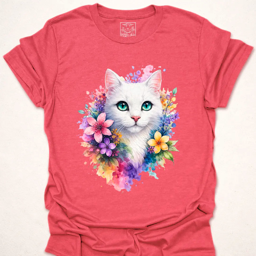 White Cat with Floral Watercolor