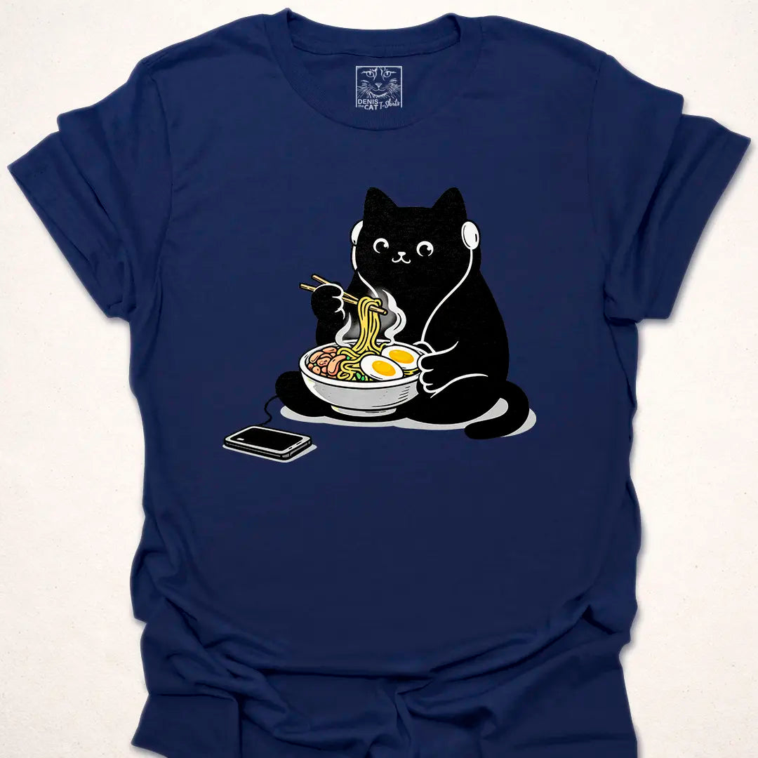Black Blob Cat Eating Ramen