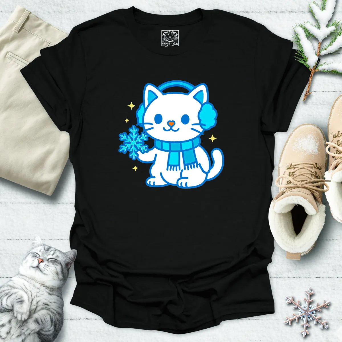 Snowflake Snuggles Cat T-Shirt