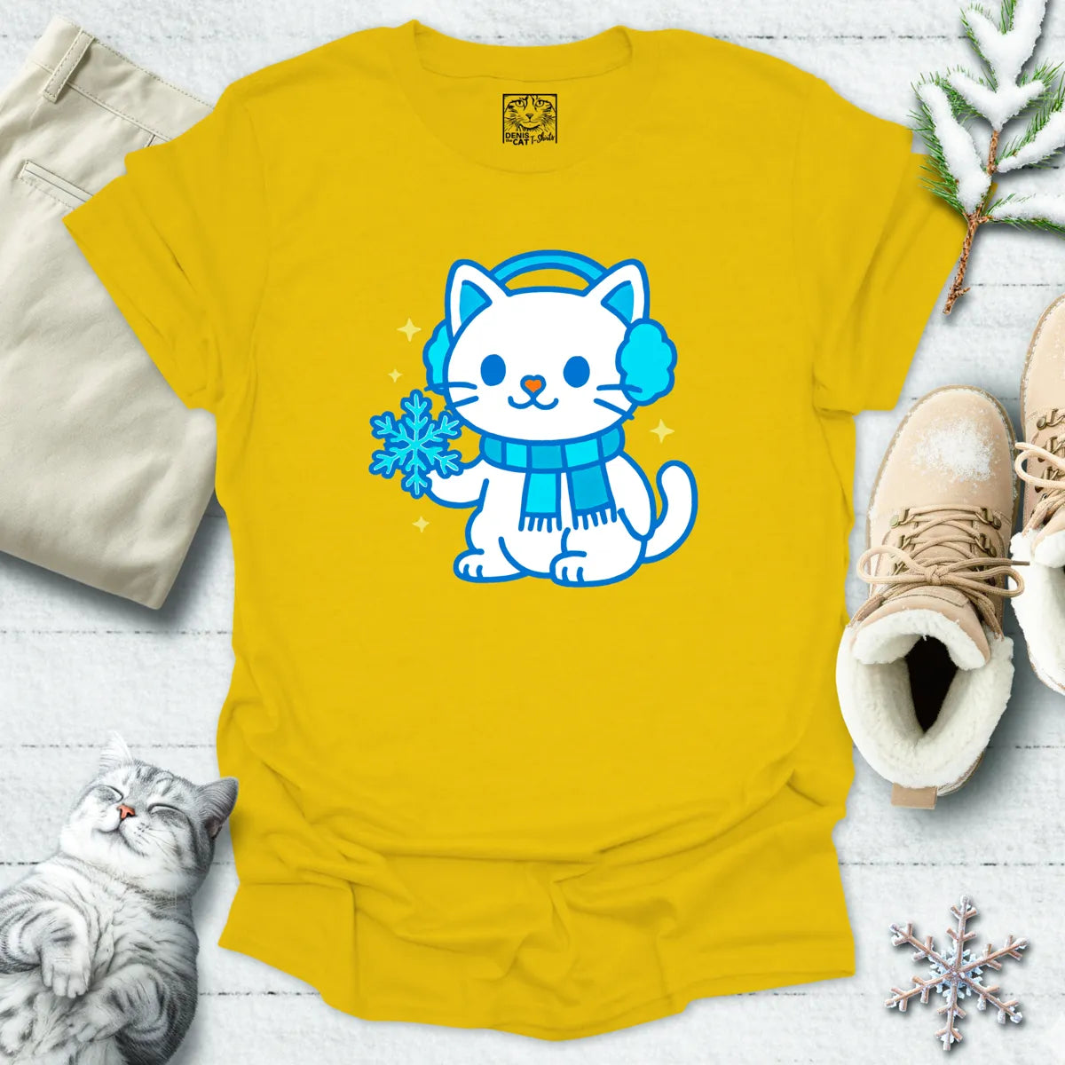 Snowflake Snuggles Cat T-Shirt