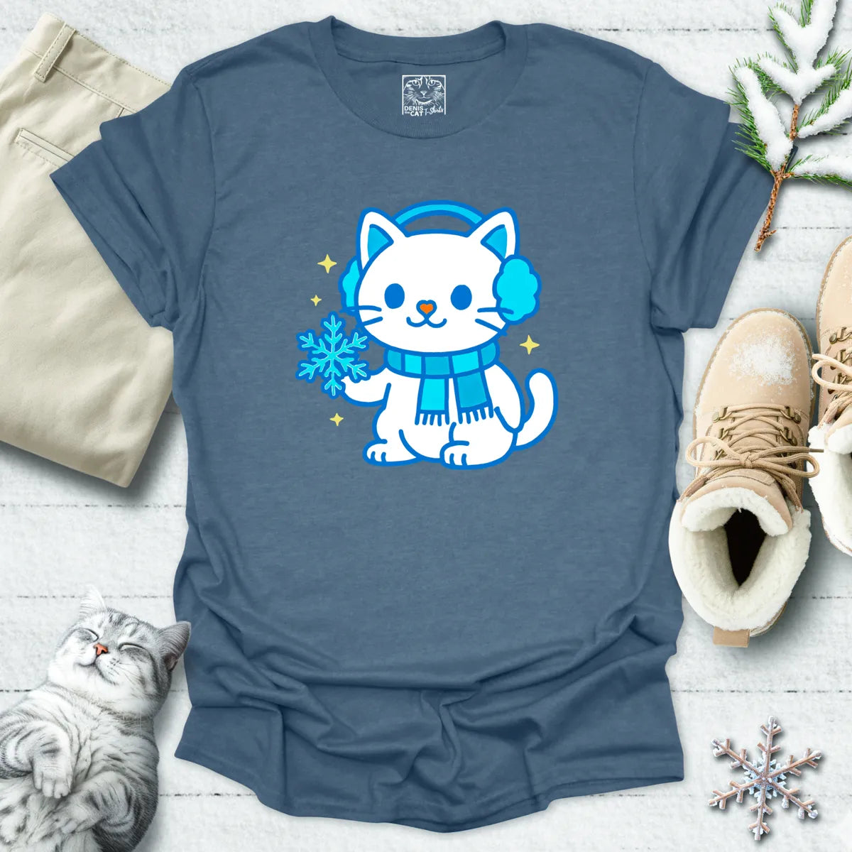 Snowflake Snuggles Cat T-Shirt