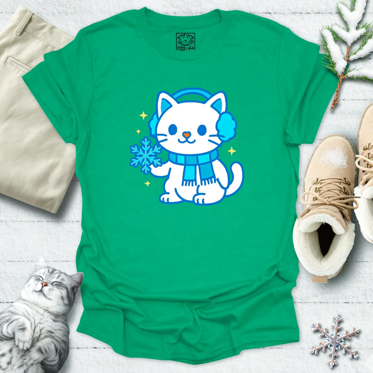 Snowflake Snuggles Cat T-Shirt