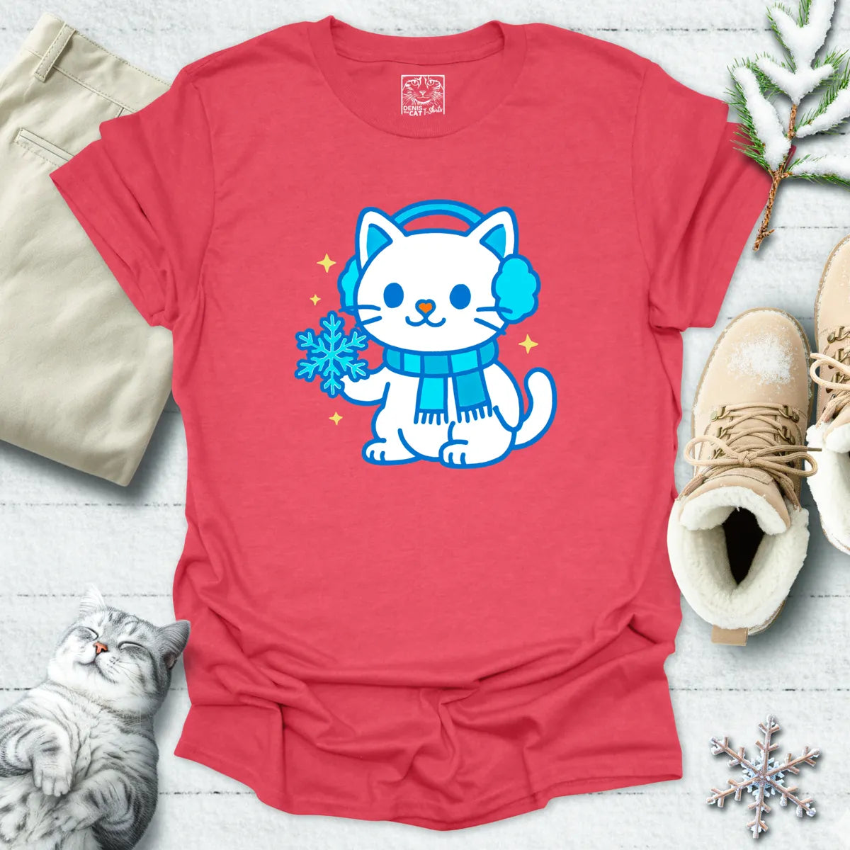Snowflake Snuggles Cat T-Shirt