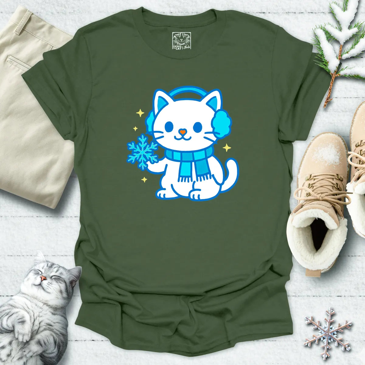 Snowflake Snuggles Cat T-Shirt