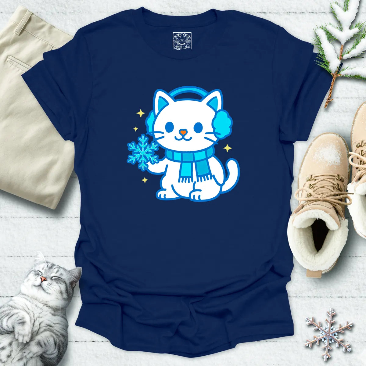 Snowflake Snuggles Cat T-Shirt