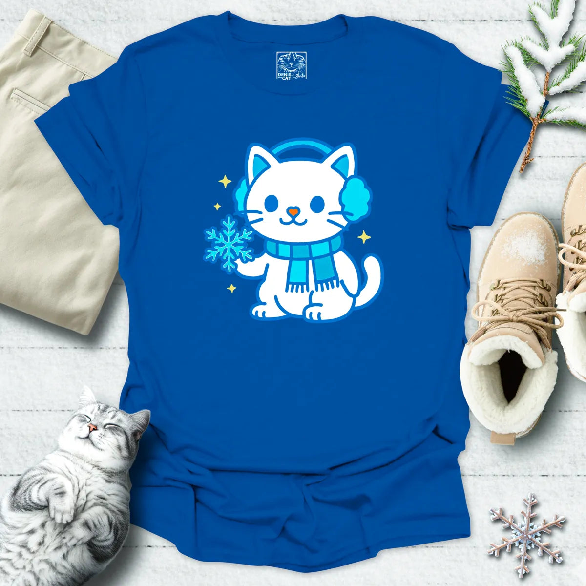 Snowflake Snuggles Cat T-Shirt