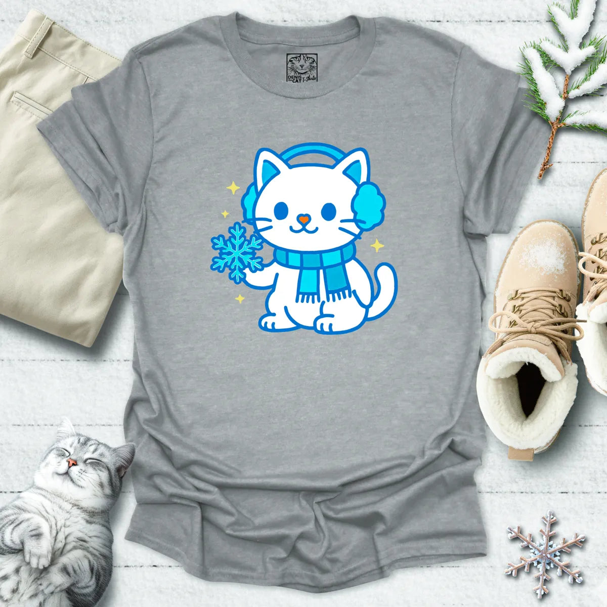 Snowflake Snuggles Cat T-Shirt