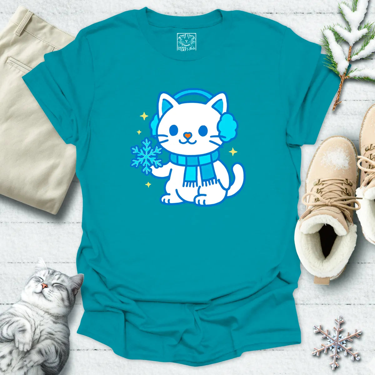 Snowflake Snuggles Cat T-Shirt