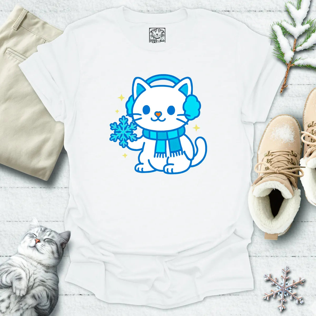 Snowflake Snuggles Cat T-Shirt
