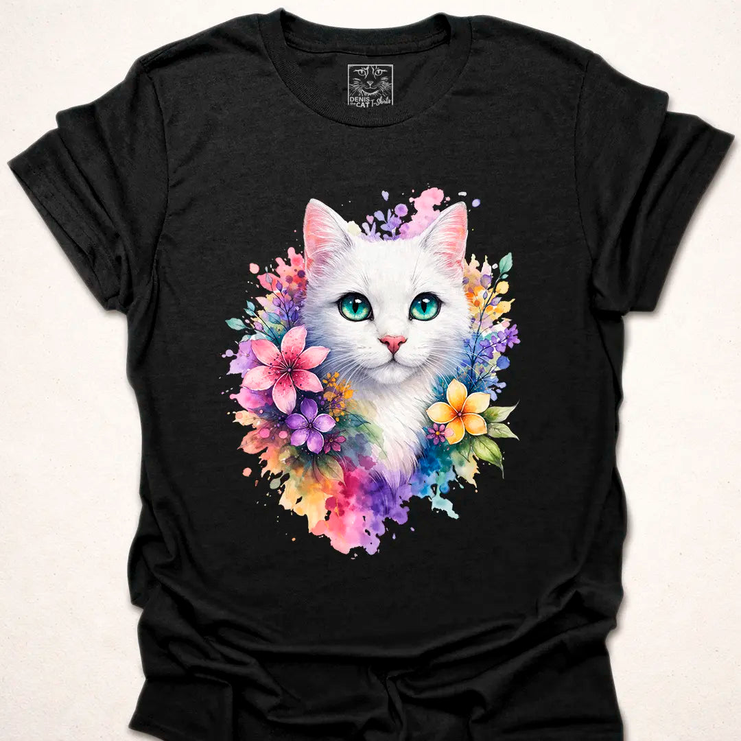 White Cat with Floral Watercolor