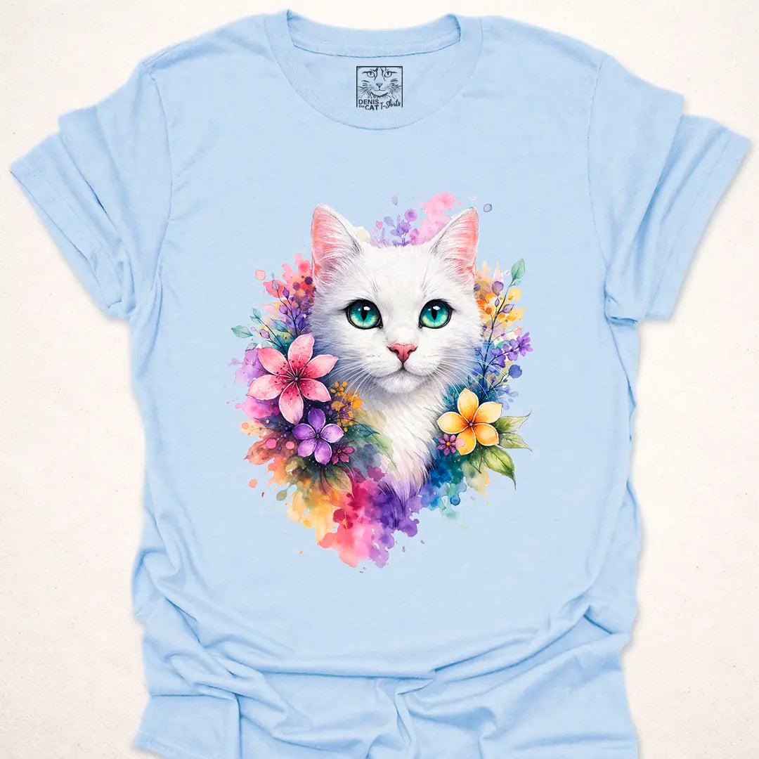 White Cat with Floral Watercolor
