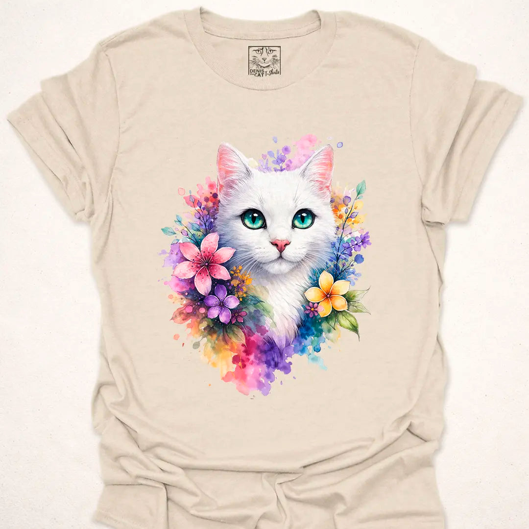 White Cat with Floral Watercolor