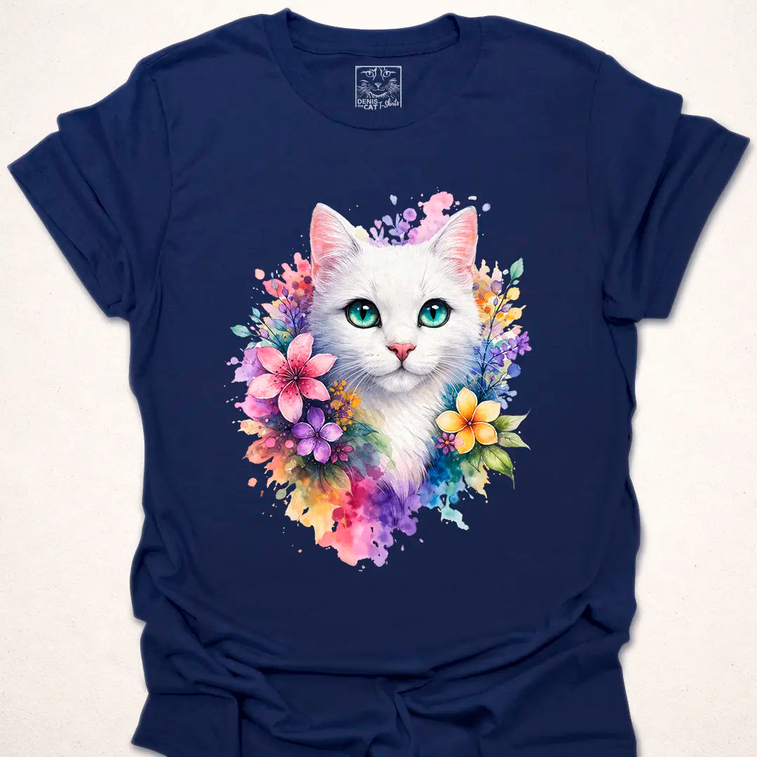 White Cat with Floral Watercolor