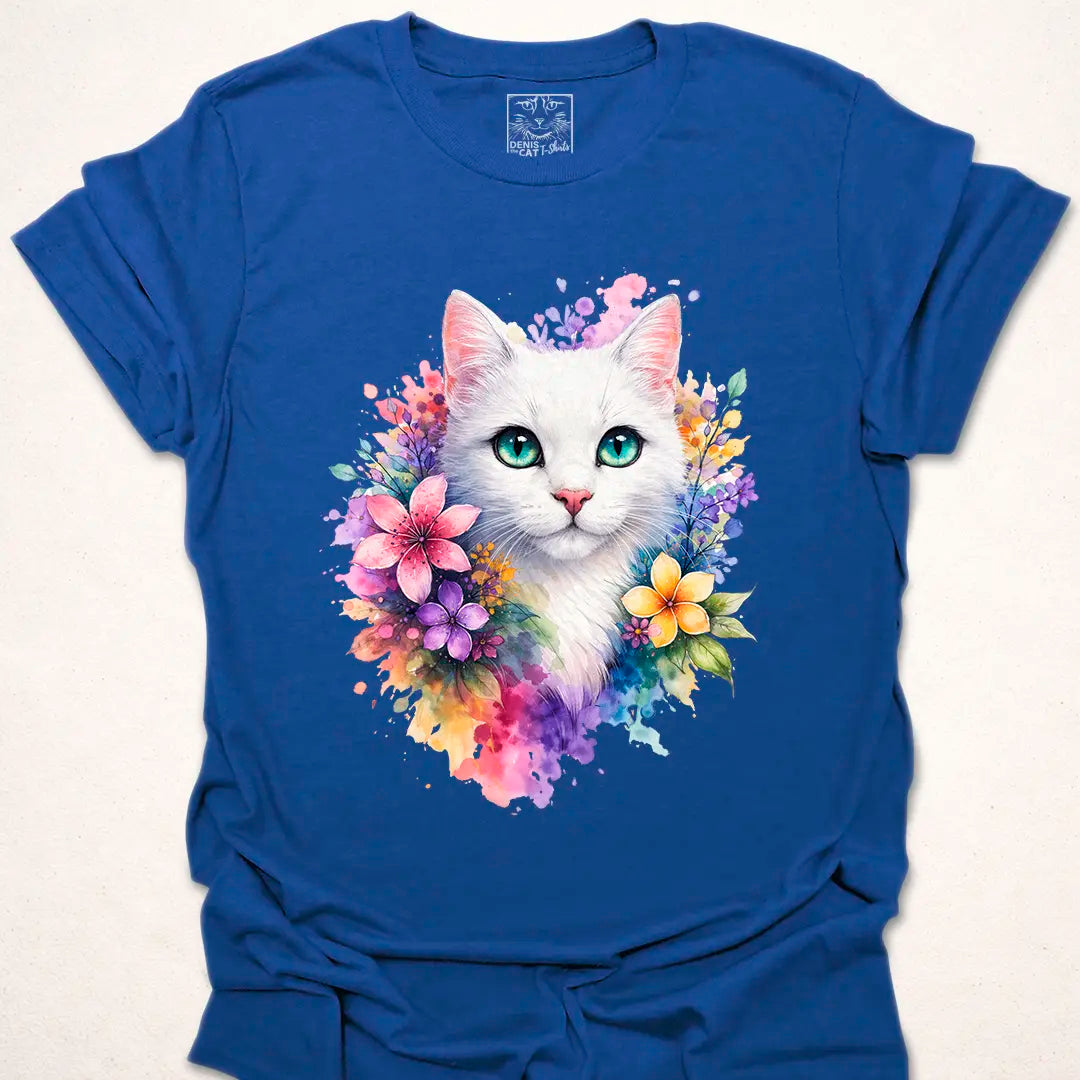White Cat with Floral Watercolor