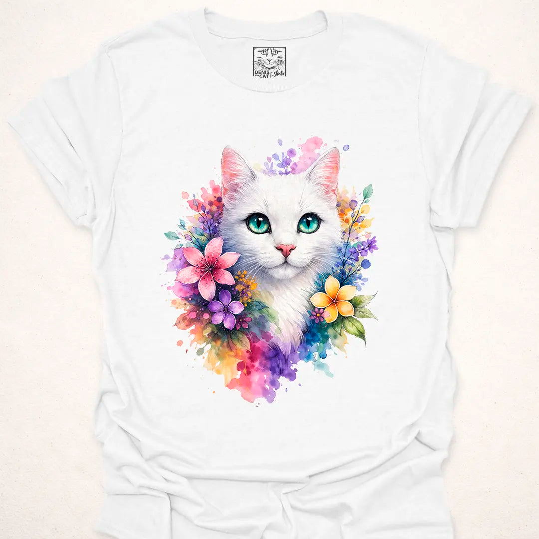 White Cat with Floral Watercolor