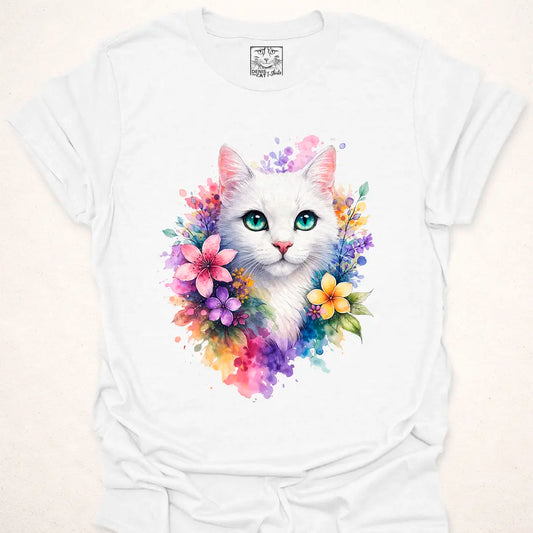 White Cat with Floral Watercolor